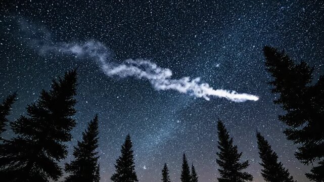 Blazing meteor with white smoke trail exploding across starry night sky above pine forest silhouettes. Atmosphere of powerful cosmic phenomenon