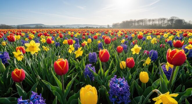 Vibrant tulip field in bloom with blue sky and distant trees