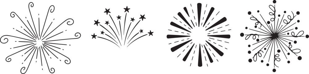 Obraz premium Dynamic Vector Illustrations of Firework and Explosion Bursts for Festive Occasions, Featuring Stylized Radiant Stars and Sparks Design Elements