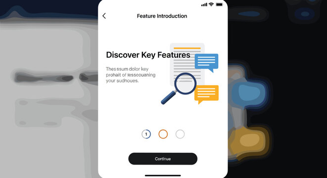 Smartphone screen displaying feature introduction with key features and a magnifying glass icon on a colorful background, Generative AI.