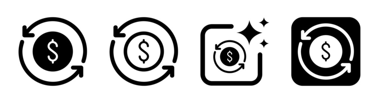 Refund or cash back icon with dollar symbol and circular arrows representing financial transaction flow in business and ecommerce interfaces isolated on transparent background vector illustration