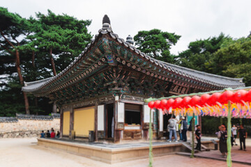 Fototapeta premium Bulguksa Buddhist Temple, Gyeongju city, South Korea, view in a sunny day, North Gyeongsang Province, Bulguksa Burimun Gate, Jinhyeon-dong, Tohamsan mountain, Yeongnam region, Gyeongju National Park