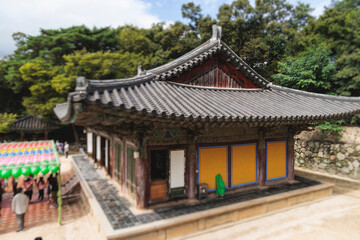 Fototapeta premium Bulguksa Buddhist Temple, Gyeongju city, South Korea, view in a sunny day, North Gyeongsang Province, Bulguksa Burimun Gate, Jinhyeon-dong, Tohamsan mountain, Yeongnam region, Gyeongju National Park
