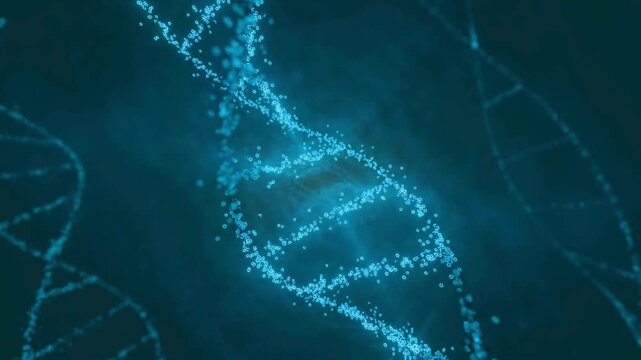 Glowing blue dna double helix strand rotating in a dark background