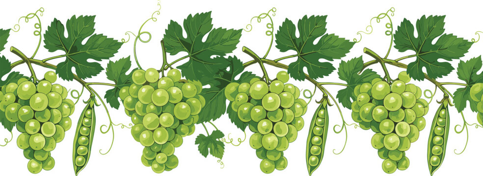 Green grape clusters with leaves and pea pods forming decorative repeating natural pattern in colorful vector illustration