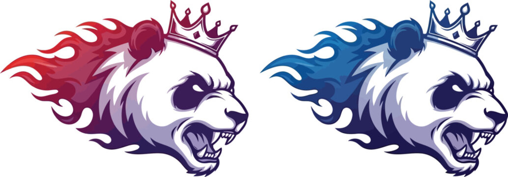 Aggressive crowned panda head with fiery red flames and bared teeth, fierce mascot design.