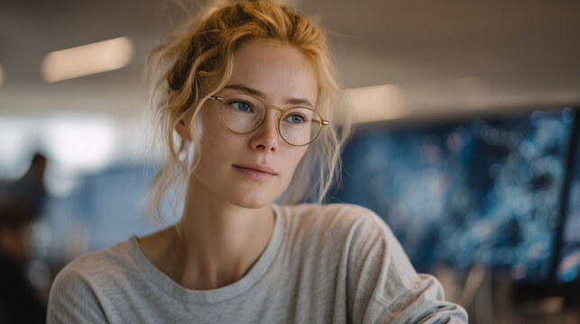 Quantum machine learning training visualization as glowing 3D lattice on wall-mounted display inside sparse industrial research lab, single female researcher observing, AI hybrid algorithm, deep lea
