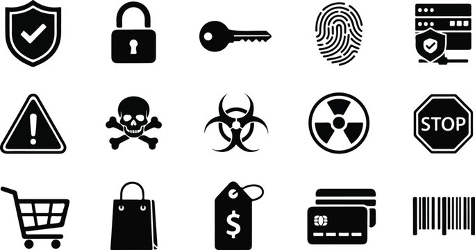 A comprehensive collection of black vector business icons and web symbols for internet services, including professional design signs for travel, car, bank, and media button sets