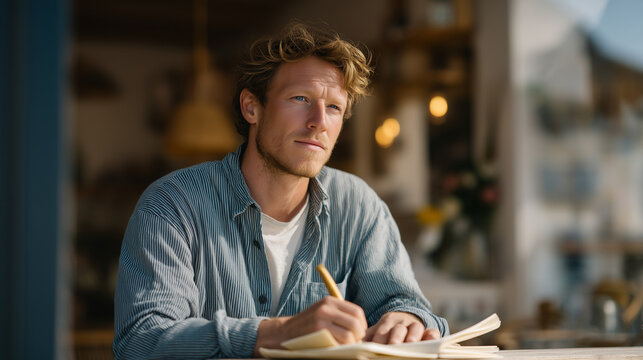 Single male barista at caf&eacute; counter sketching quantum circuit diagrams on napkin during slow morning, golden hour through front window, self-taught developer, quantum programming self-study, informa