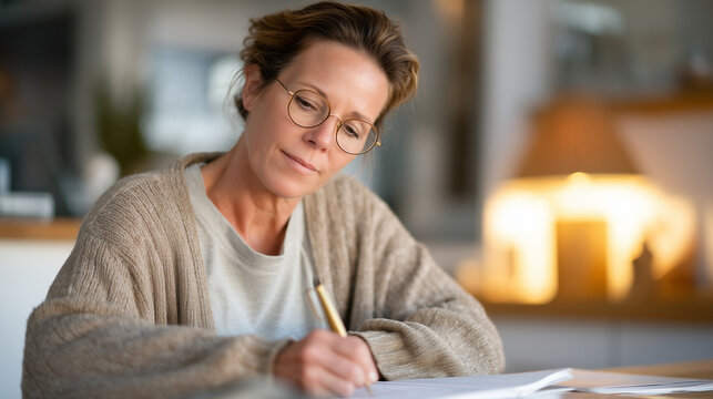 Single middle-aged woman in bifocals seated at modest kitchen table annotating quantum programming language syntax on printed code sheets, lamp light, evening study session, adult learner, software 