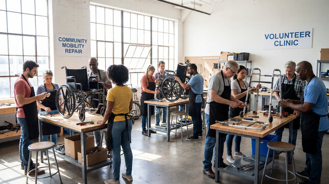 Community volunteers repairing wheelchairs walkers in workshop showing mobility aid maintenance technical skills donated equipment service accessibility support for nonprofit outreach materials