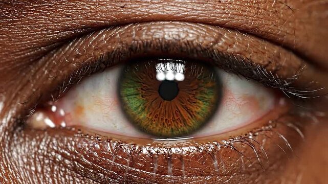 Extreme macro close up of a mature man's brown eye looking sideways and blinking with detailed skin texture and eyelashes for ophthalmology medical concepts and professional human vision sociology sto