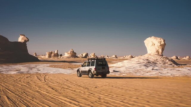 SUV driving through Egypt&rsquo;s White Desert at sunrise with another SUV. Single shot filmed from a moving jeep in Egypt&rsquo;s White Desert at sunrise.
