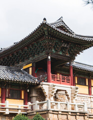 Fototapeta premium Bulguksa Buddhist Temple, Gyeongju city, South Korea, view in a sunny day, North Gyeongsang Province, Bulguksa Burimun Gate, Jinhyeon-dong, Tohamsan mountain, Yeongnam region, Gyeongju National Park