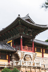 Naklejka premium Bulguksa Buddhist Temple, Gyeongju city, South Korea, view in a sunny day, North Gyeongsang Province, Bulguksa Burimun Gate, Jinhyeon-dong, Tohamsan mountain, Yeongnam region, Gyeongju National Park