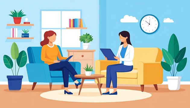Two women in a room, one seemingly interviewing the other. Interior scene with plants and furniture