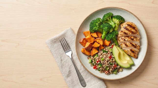 Um prato de comida sald&aacute;vel fitness sobre uma mesa de madeira clara com um espa&ccedil;o a sua esquerda.