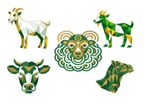 Eid ul adha,Geometric livestock animal icons, low poly farm animal vector set, green and gold goat cow sheep and camel illustrations for agriculture branding