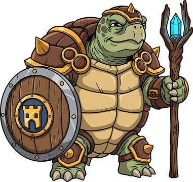 Medieval turtle knight with shield and trident vector illustration