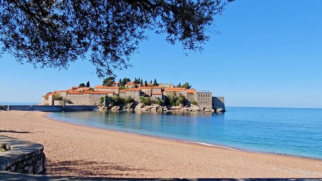 Panoramic View of Sveti Stefan Island Montenegro Adriatic Sea Landscape