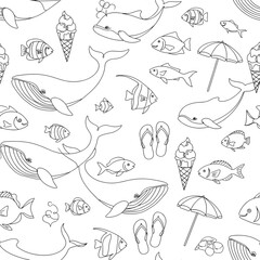 Obraz premium Whales and Fish Under Umbrellas and Ice Cream on a Beach Day