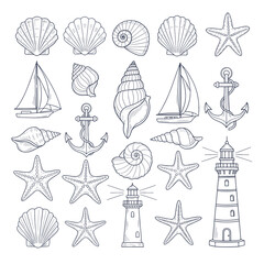 Nautical Line Art Collection Featuring Seashells Starfish Sailboats Anchors and Lighthouses © MotionMint