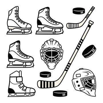 Ice Hockey Equipment Set with Skates Stick Puck and Helmets Icon Style
