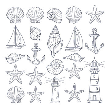 Nautical Line Art Collection Featuring Seashells Starfish Sailboats Anchors and Lighthouses