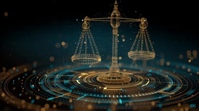 Simbol 3d scales of justice emas yang menimbang keseimbangan antara hukum dan bisnis dalam konsep keuangan dan keadilan
