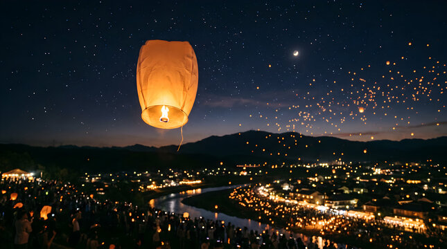 A stunning nighttime view of the riverside lantern festival, with hundreds of floating lanterns dotting the starry sky. The warm glow of the lanterns and city lights creates a magical atm