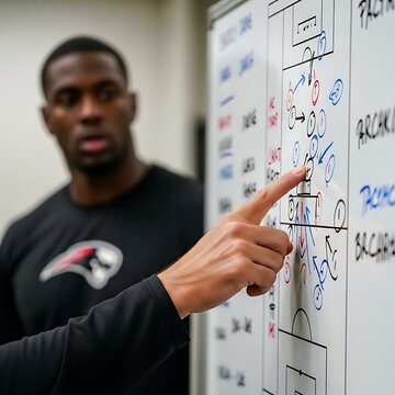 A dedicated coach points to a strategic play drawn on a whiteboard as an athlete listens intently. conceitual image of 2026 soccer world championship Tournament soccer player