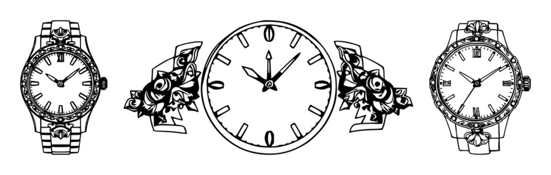 Silver watch set with black line art on white background featuring black line art, silver, ornate with watchband and timekeeping