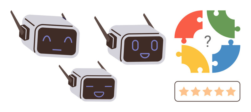Artificial intelligence, customer service, usability testing, user feedback, problem-solving, digital tools. Three chatbot faces with puzzle pieces and rating stars. AI and customer service concepts
