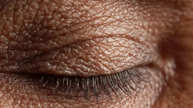 Extreme macro of an old man's grey eye with deep wrinkles and heavy eyelid focusing on the milky texture of iris for vision loss concepts cataract awareness and geriatric ophthalmology medical studies