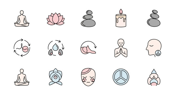 Various meditation and yoga symbols icons.