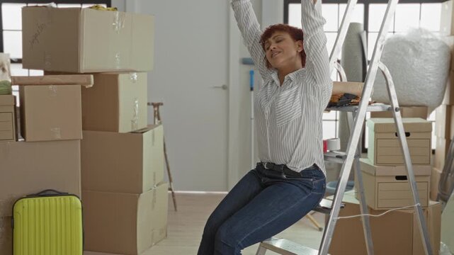 Woman stretches arms overhead while sitting on ladder amid moving boxes in building; fresh start relief.