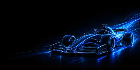 Obraz premium Futuristic Blue Neon Open Wheel Race Car Banner