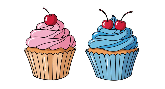 two cupcakes with colorful frosting and cherries silhouette high quality professional detailed modern elegant stylish clean crisp vibrant digital creative innovative