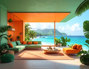Fototapeta premium Vibrant living space overlooking a turquoise sea, framed by orange & green walls and lush tropical foliage