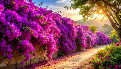 Obraz premium Vibrant magenta bougainvillea cascade along a stone wall path, bathed in golden sunlight at dawn or dusk