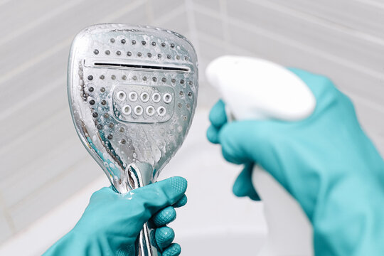 Shower head cleaning background. Bathroom hygiene closeup. Gloves and spray bottle. Perfect for limescale remover ads. Useful for housekeeping services. Clean home maintenance image.