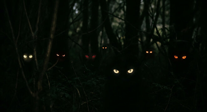 Glowing eyes in dark forest, mysterious creatures lurking