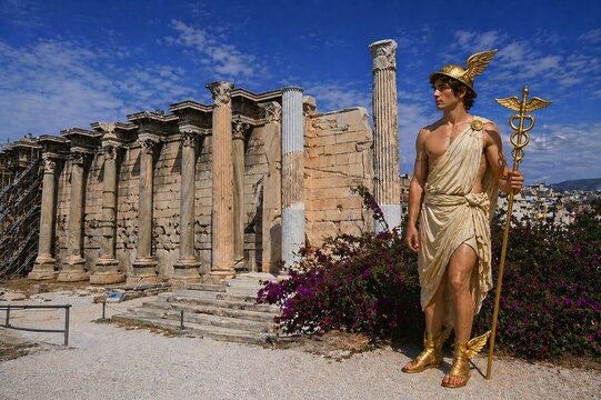 The ancient Greek god Hermes, or Mercury, in the Roman agora (market), in Athens, Greece