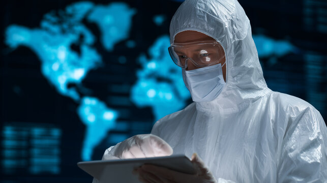 Epidemiologist in protective suit analyzing global virus outbreak dashboard, pandemic monitoring and public health concept, infection tracking, medical data, diagnostics and emerge
