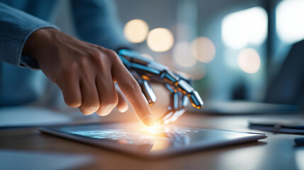 Obraz premium Close up of a human hand and a sleek robotic hand working together on a bright touchscreen device on a softly defocused office desk human robot collaboration future