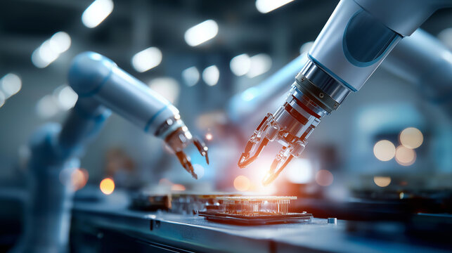 Cinematic wide view of a bright softly defocused semiconductor clean room with robotic arms carefully processing silicon wafers semiconductor manufacturing clean room robotic