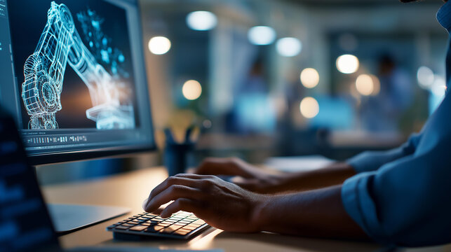 Over the shoulder silhouette of a hand at a 3D CAD workstation rendering an autonomous robot arm facility in a softly defocused bright office high tech factory industrial