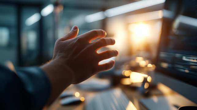 Over the shoulder silhouette of a hand at a 3D CAD workstation rendering an autonomous robot arm facility in a softly defocused bright office high tech factory industrial