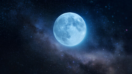 Obraz premium Blue full moon in starry night sky with Milky Way background, astronomy and celestial concept, cosmic landscape, deep space, lunar glow, galaxy, universe and dreamy night atmospher