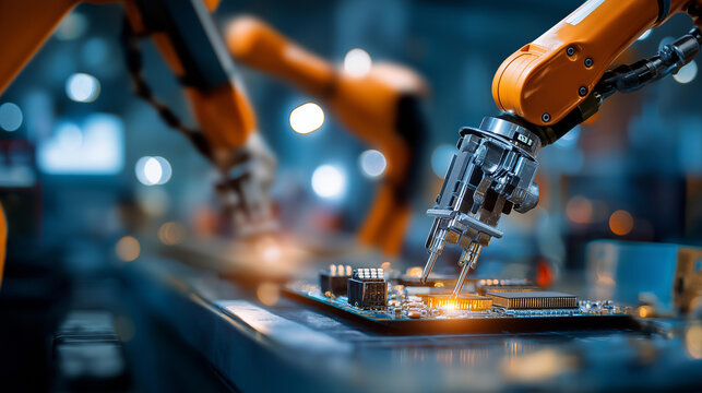 Close up macro of bright robotic arms precisely placing tiny components onto a circuit board in a softly defocused factory backdrop microelectronics manufacturing AI robotic